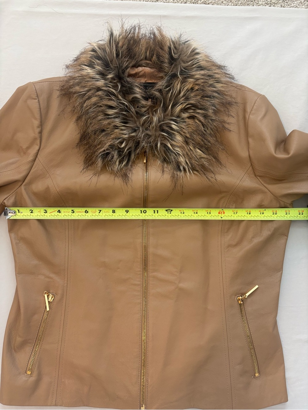 Terry Lewis Genuine Leather Jacket L Tan Faux Fur Collar Gold Zip Y2K - Picture 6 of 8